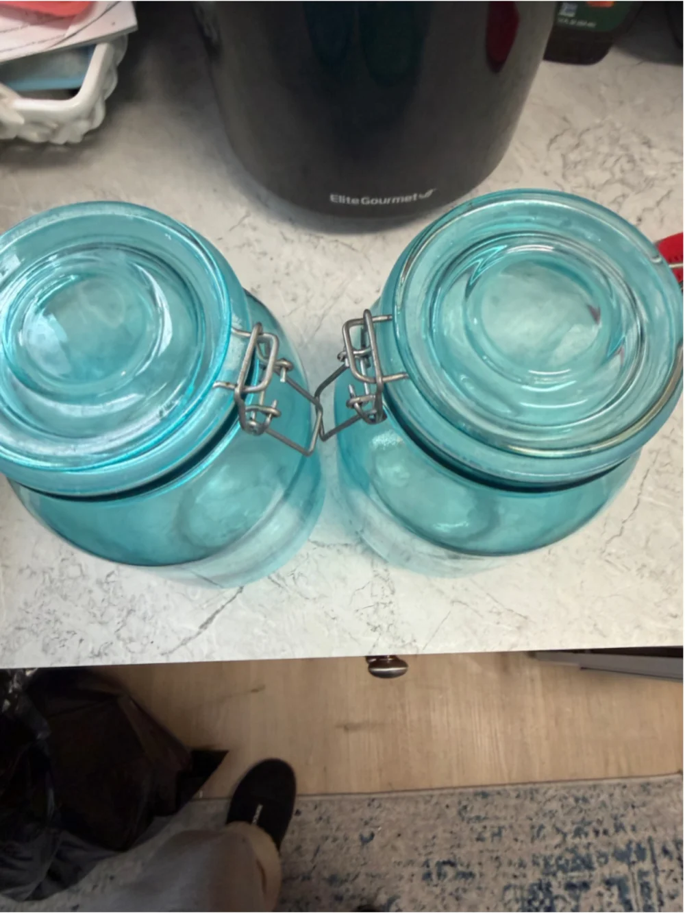 Vintage Aqua Blue Glass Clamp Lid Storage Jars Set of 2 Bail Top Canisters Farmh